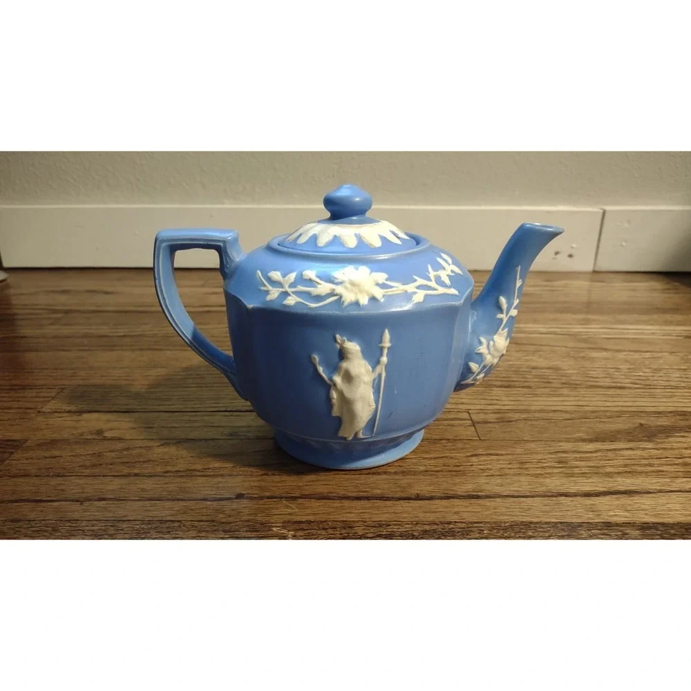 Wedgwood Jasperware Light Blue Teapot Neoclassical Chariot White Relief Vintage